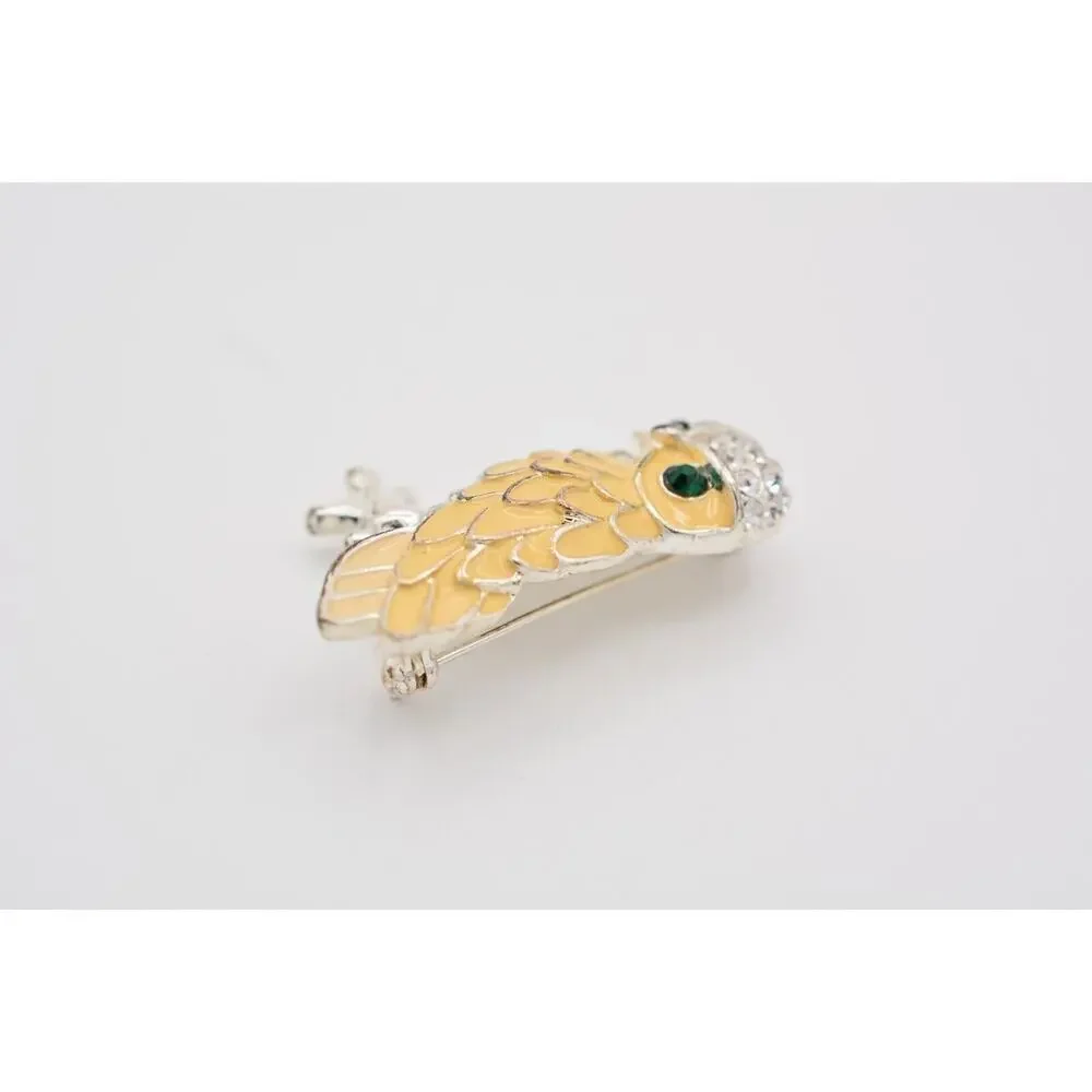 Vintage Owl Pin Brooch Rhinestone Crystal Green Cream Enamel Silver Shiny BinAT